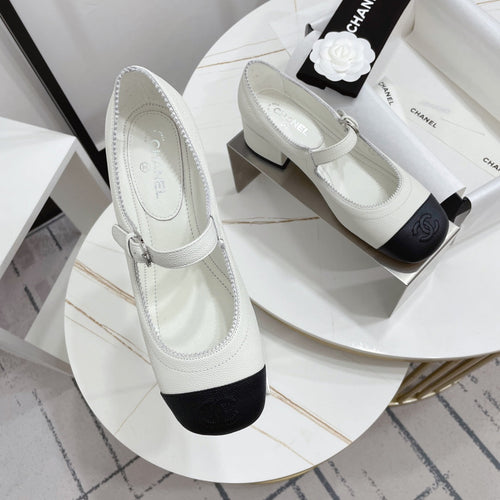 CHANEL MARY JANE BLOCK HEEL WHITE SHEEPSKIN