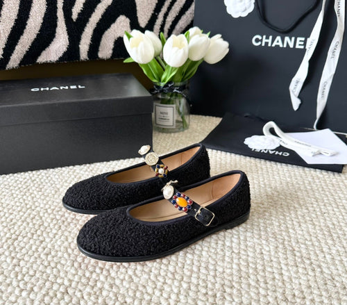 CHANEL MARY JANES BLACK WOOL TWEED AND FABRIC