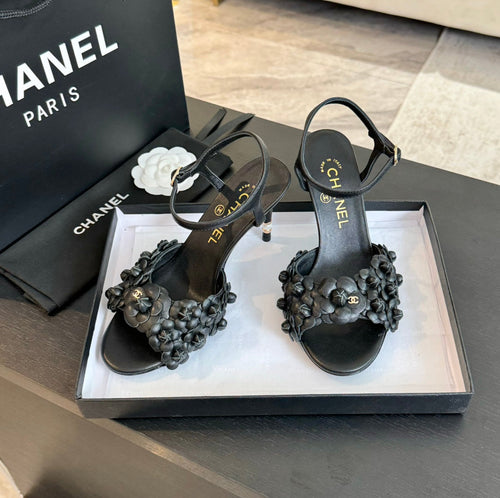 CHANEL Little Camellia World Thin High Sandals Black Lambskin