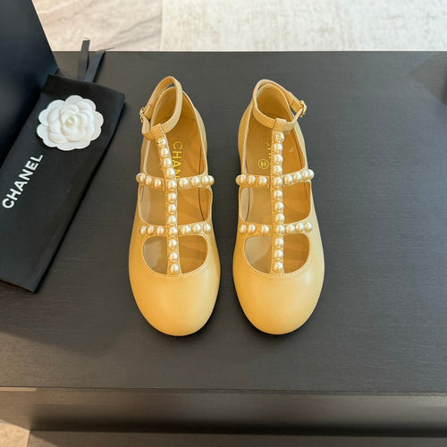 CHANEL MARY JANES SHOES LIGHT YELLOW GOATSKIN WITH FAUX PEARL