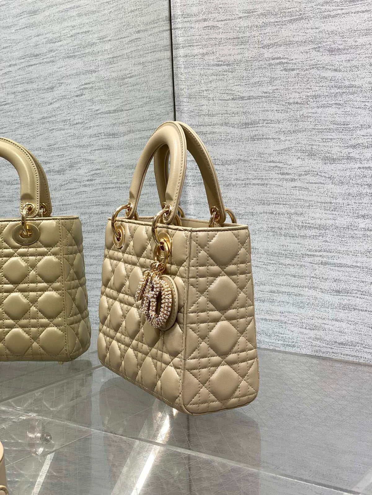 DIOR 25S LADY  BAG 20 IN SAND BEIGE CALFSKIN CHARM PEARL EMBELLISHMENTS
