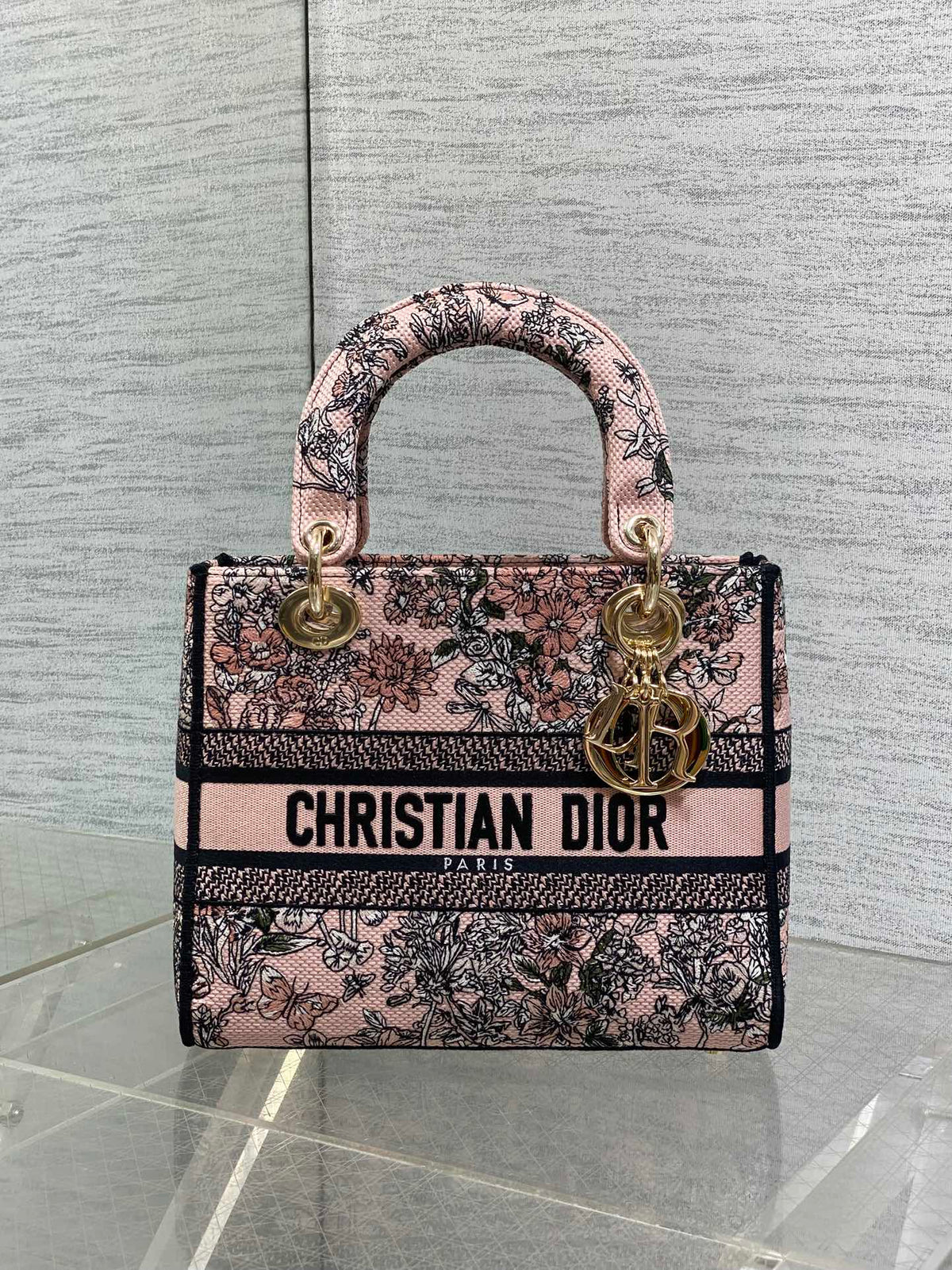 DIOR 25S SMALL LADY D-LITE BAG 24 IN PINK  FLOWERS CALENDAR ALLOVER EMBROIDERY