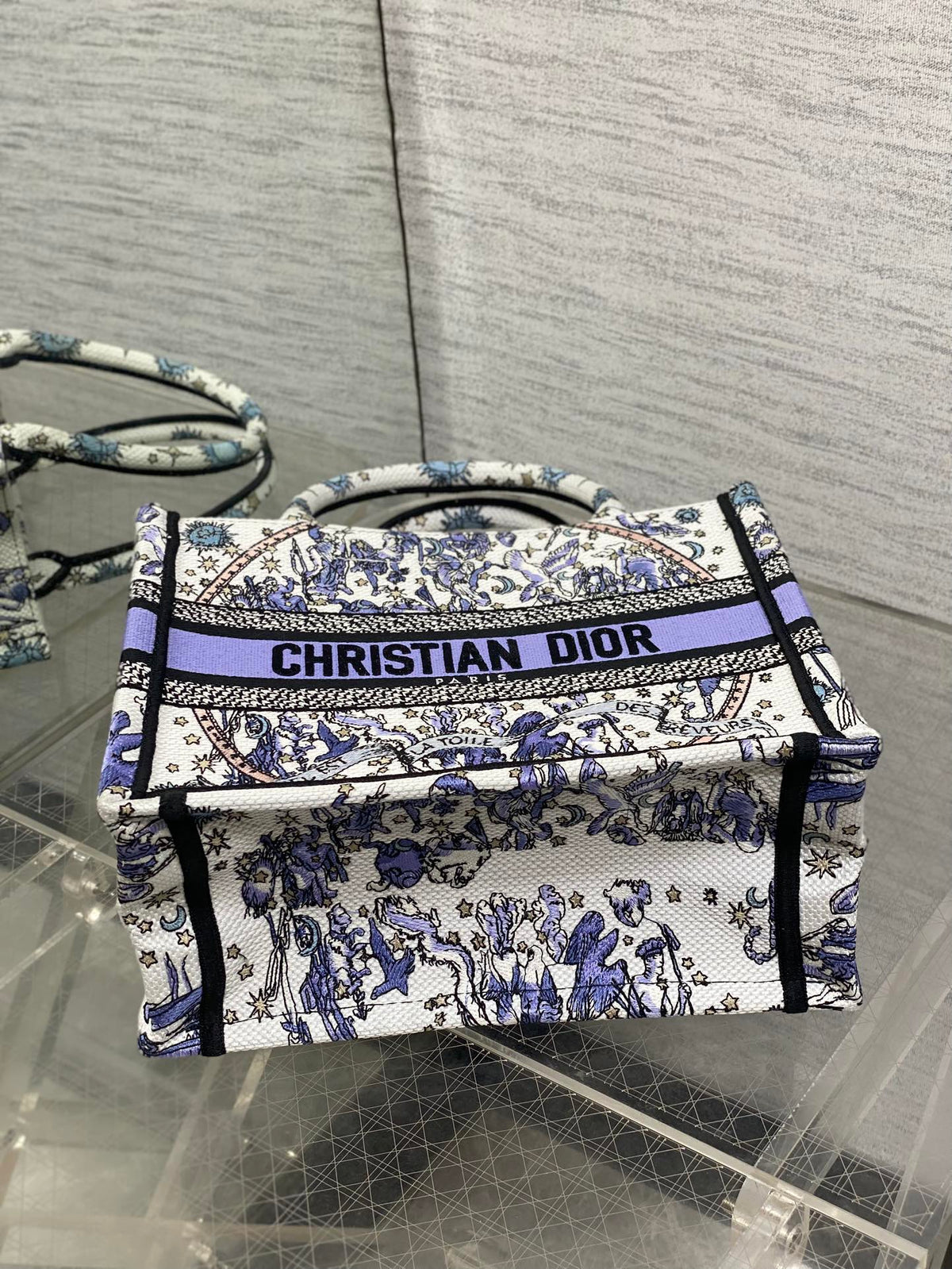 DIOR 25S SMALL BOOK TOTE 26 IN WHITE AND PURPLE DIOR NIGHT OF DREAMS EMBROIDERY