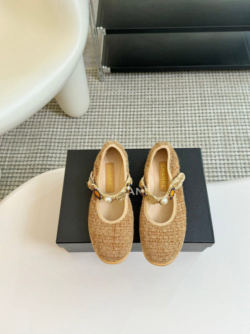 CHANEL MARY JANE SHOES GRANOLA YELLOW WOOL TWEED