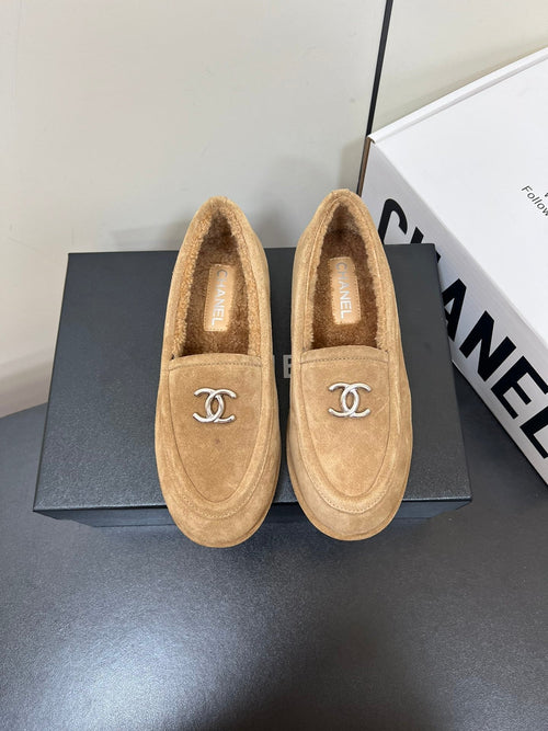 CHANEL LOAFER IN SEPIA TAN SUEDE AND SOLF FLEECE LINING
