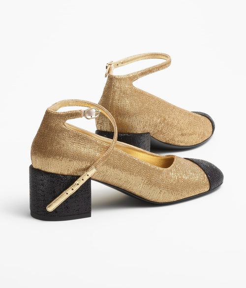 CHANEL MARY JANES GOLD BLACK FABRIC